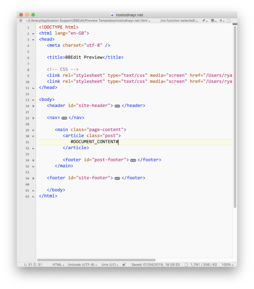 The #DOCUMENT_CONTENT# marker tells BBEdit where to place your content when rendering the preview