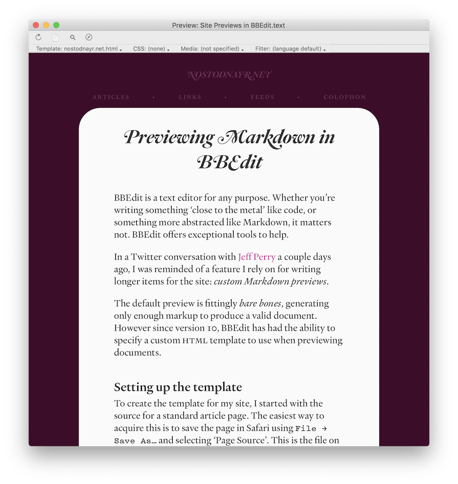 The BBEdit preview window showing a preview of this article.